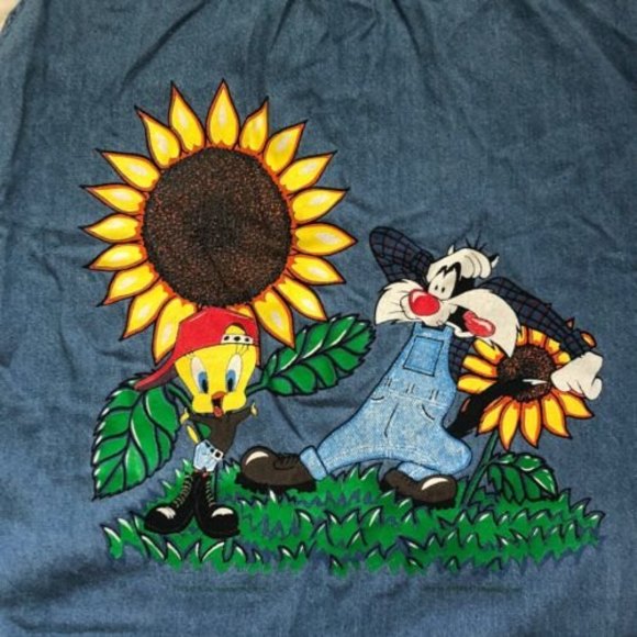 Vintage Tweety Bird Looney Tunes Sleeveless Jean Denim Shirt Medium Vision 1 - Picture 6 of 7